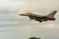 E-599 @ EGQS - F-16A Falcon of Esk 730 Royal Danish Air Force on finals to Runway 23 at RAF Lossiemouth in the Summer of 1992. - by Peter Nicholson