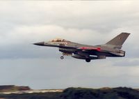 E-605 @ EGQS - F-16A Falcon of Esk 730 Royal Danish Air Force on final approach to RAF Lossiemouth in the Summer of 1992. - by Peter Nicholson