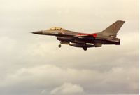 E-606 @ EGQS - F-16A Falcon of Esk 730 Royal Danish Air Force on finals to Runway 23 at RAF Lossiemouth in the Summer of 1992. - by Peter Nicholson