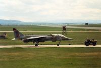 XX839 @ EGQS - Jaguar T.2A of 226 Operational Conversion Unit being towed to the ramp in May 1989. - by Peter Nicholson