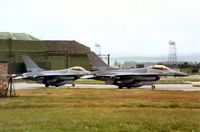 E-599 @ EGQS - F-16A Falcon of Esk 730 Royal Danish Air Force leading the flight to the active runway at RAF Lossiemouth in the Summer of 1992. - by Peter Nicholson