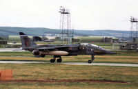 XX841 @ EGQS - Jaguar T.2A, callsign Boxer 3, of 6 Squadron at RAF Coltishall taxying to the active runway at RAF Lossiemouth in September 1992. - by Peter Nicholson