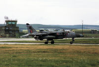 XZ369 @ EGQS - Jaguar GR.1A, callsign Boxer 2, of 6 Squadron taxying to the active runway at RAF Lossiemouth in September 1992. - by Peter Nicholson