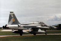 K-3061 @ EGQS - NF-5A of 314 Squadron Royal Netherlands Air Force taxying to the active runway at RAF Lossiemouth in May 1990. - by Peter Nicholson