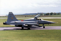 K-3014 @ EGQS - NF-5A of 314 Squadron Royal Netherlands Air Force taxying to the active runway at RAF Lossiemouth in May 1990. - by Peter Nicholson