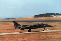 XX145 @ EGQS - Jaguar T.2 of 226 Operational Conversion Unit joining the active runway at RAF Lossiemouth in the Summer of 1984, ten years after first arriving there with the Unit - by Peter Nicholson