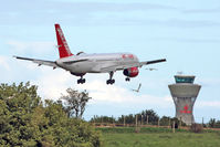 G-LSAD @ EGNT - Boeing 757-236 on short finals to 07 at Newcastle Airport, August 2010. - by Malcolm Clarke