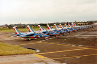 E140 @ EGVA - The Patrouille de France aerobatic display team on the flight-line at the 1993 Intnl Air Tattoo at RAF Fairford - the markings celebrate the team's 40th anniversary. - by Peter Nicholson