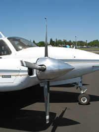 N646T @ O41 - Close-up front view of 1974 Beech E-55 with Colemill Enterprises Foxstar conversion 4-blade Q tip props @ Woodland Aviation (see http://www.colemill.com/Conversions/FoxstarBaron.php) - by Steve Nation