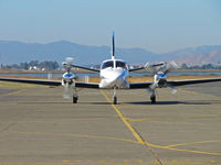 N2722D @ KAPC - Head-on of USA Gasoline (Newbury Park, CA) 1980 Cessna 441 taxiing in with Napa River in background @ Napa County Airport, CA - by Steve Nation