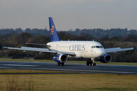 5B-DCF @ EGCC - Cyprus Airways A319 just landed on RW05R - by Chris Hall