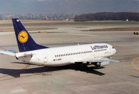 D-ABXO @ GVA - Boeing 737-330 of Lufthansa taxying to the active runway at Geneva in March 1993. - by Peter Nicholson