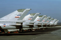 17163 @ LYBT - a long line of MiG-21Bis with the local air defence unit. - by Joop de Groot