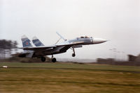 388 @ EGQL - Su-27A Flanker from Kubinka Air Base landing at the 1992 RAF Leuchars Airshow. - by Peter Nicholson