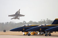 166658 @ KNPA - Super Hornet demo aircraft pulls up sharply during their takeoff at NAS Pensacola. - by Gregg Stansbery