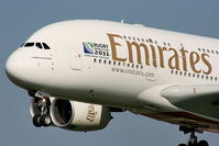 A6-EDN @ EGCC - Emirates A380 wearing Rugby World Cup 2011 special scheme - by Chris Hall