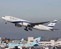 4X-ECF @ LAX - EL AL Israel Airlines Kiryat Shmona 4X-ECF (FLT ELY6) departing RWY 25R en route to Tel Aviv Ben Gurion Int'l (LLBG/TLV). The nose has a logo for the 2012 Olympics stating The Official Carrier London 2012.