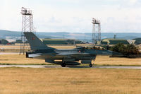 ET-208 @ EGQS - F-16B Falcon of Eskradille 730 Royal Danish Air Force at Skrydstrup awaiting clearance to join Runway 23 at RAF Lossiemouth in September 1994. - by Peter Nicholson