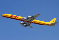 N801DH @ LAX - DHL (ASTAR Air Cargo) 1969 Douglas DC-8-73F N801DH (FLT DHL532) climbing out from RWY 25L en route to San Francisco Int'l (KSFO).