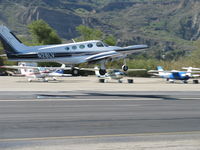 N28LV @ SZP - 1979 Cessna 340A, two Continental TSIO-520-NB 310 Hp each, turbocharged $ pressurized, three-blade CS props, tip tanks, landing Rwy 22 - by Doug Robertson