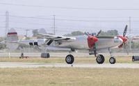 N7723C @ KCNO - P-38 Landing at Chino - by Todd Royer