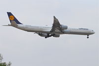 D-AIHU @ KORD - Lufthansa Airbus 340-642, DLH434 arriving from  Munich Int'l /EDDM, RWY 10 approach KORD. - by Mark Kalfas