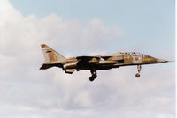 XX841 @ EGQS - Jaguar T.2A, callsign Boxer 1, of 6 Squadron at RAF Coltishall on final approach to Runway 05 at RAF Lossiemouth in May 1996. - by Peter Nicholson