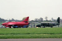 G-HUNT @ EGTC - Hawker Hunter F51 with G-DLRA Britten-Norman BN-2 Astor at Cranfield in 1985. - by Malcolm Clarke