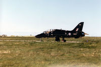 XX314 @ EGQS - Hawk T.1A, callsign Eagle 1, of 208 Squadron taxying to Runway 05 at RAF Lossiemouth in the Summer of 1995. - by Peter Nicholson