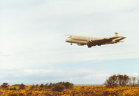 XV246 @ EGQS - Nimrod MR.2 of the Kinloss Maritime Wing on approach to Runway 23 at RAF Lossiemouth in the Summer of 1997. - by Peter Nicholson