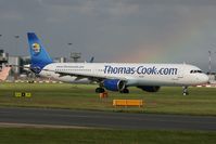 G-OMYJ @ EGCC - Thomas Cook (with rainbow behind). - by Howard J Curtis