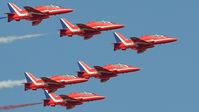 XX322 - Off airport. Leading the RAF Red Arrows on the first day of the Wales National Air Show, Swansea Bay, UK. Red 1 is flown by Squadron Leader Jim Turner. - by Roger Winser