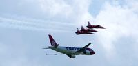 HB-IJV @ LSZF - Edelweiss Airlines Airbus A320 with company of Swiss Patrol airplanes during air-show at Birrfeld airfield in Switzerland. - by miro susta