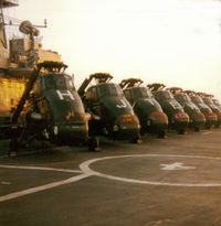 XT458 - A line-up of 845 NAS Westland Wessex on HMS Hermes, pictured in September 1975 during Exercise Deep Express '75. Picture taken on an instamatic camera hence poor quality, but submitted for sharing/historical purposes - by Clive Pattle