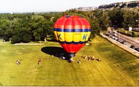 N2434Z @ BIL - KOOK Radio Hot Air Balloon at the old Eastern Montana College Campus football field around 1983.  Major Daniel George (Lost In Space) Miller has to be down there somewhere.  Sorry Dan, couldn't help myself. - by Daniel Ihde