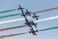 MM54538 @ EGVA - RIAT 2014, MB-339A, Frecce Tricolori, converging flight, smoke on, in the colours of the Italian flag.