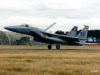 80-0026 @ EGQL - Scanned from print. F15C Eagle 80-0026 coded EG of USAF 59FS 33FW lands at RAF Leuchars for the airshow Sep '95. - by Clive Pattle