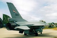 683 @ EGQS - Scanned from print. RNoAF F-16AM '683' of RNoAF 331 Skv pictured on detachment to RAF Lossiemouth in the summer of '96 - by Clive Pattle