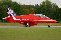 XX244 @ LFRN - Royal Air Force Red Arrows Hawker Siddeley Hawk T.1, Taxiing to holding point rwy 10, Rennes-St Jacques airport (LFRN-RNS) Air show 2014 - by Yves-Q