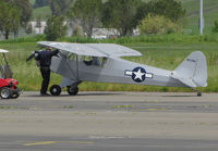N239H @ O69 - Do you know why I pulled you over, Sir?! Locally-based Haywood CWJ-3 Clipped Wing Cub homebuilt taxiing at Petaluma Municipal Airport, CA with visitor in golf cart - by Steve Nation