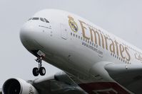 A6-EOA @ LFBD - Emirates Real Madrid livery landing runway 23 - by JC Ravon - FRENCHSKY