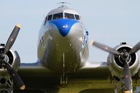 F-AZTE @ LFRU - Douglas C-47A Skytrain, Engine start, Morlaix-Ploujean airport (LFRU-MXN) Air show 2017 - by Yves-Q