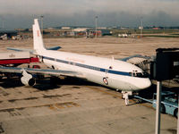 A20-624 @ EGSS - Tanker-modified RAAF 33 Squadron Boeing 707-338C(KC) A20-624 (in original White livery) awaiting passengers at Stansted Airport UK on 14Sep1992. Catering supplies are being loaded at rear, and the aircraft is ready for push-back, Dulles - bound. - by Walnaus47