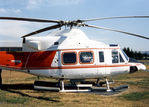 VH-AHH @ YSCB - Stbd side Front end of parked Bell 412 Helicopter VH-AHH Cn 33084 Code H, photographed at Canberra Airport in Mar 1987. Note pop-out floats on the skids. (Later Regd to NSCA as VH-NSV 16JUN87 - 28MAY89.) Previously Registered as N3172D in USA.
