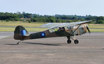 G-AREI @ EGFH - Visiting ex-AAC Auster AOP.3 aircraft MT438 in WW2 SEAC camouflage and markings. - by Roger Winser