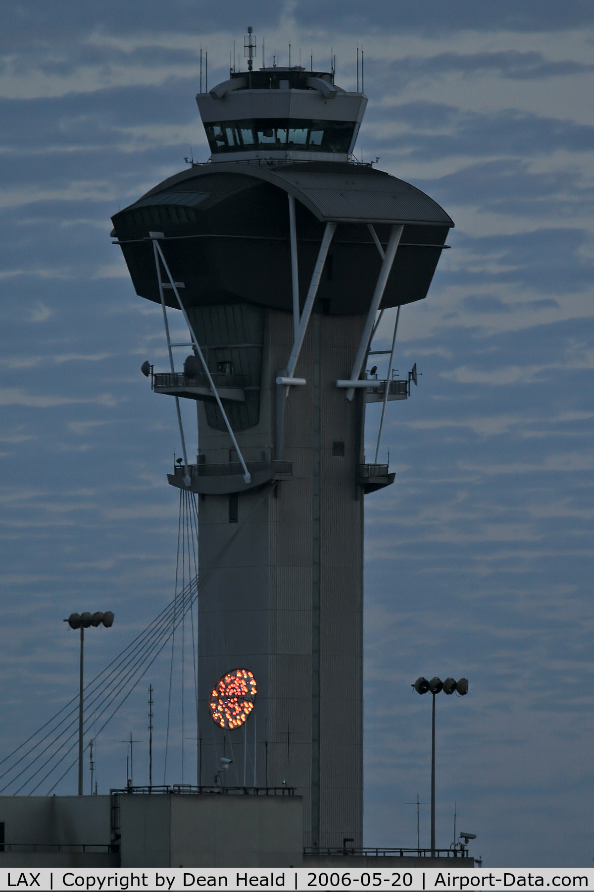 Los Angeles International Airport (LAX) - Looking south at the LAX control tower in the evening.