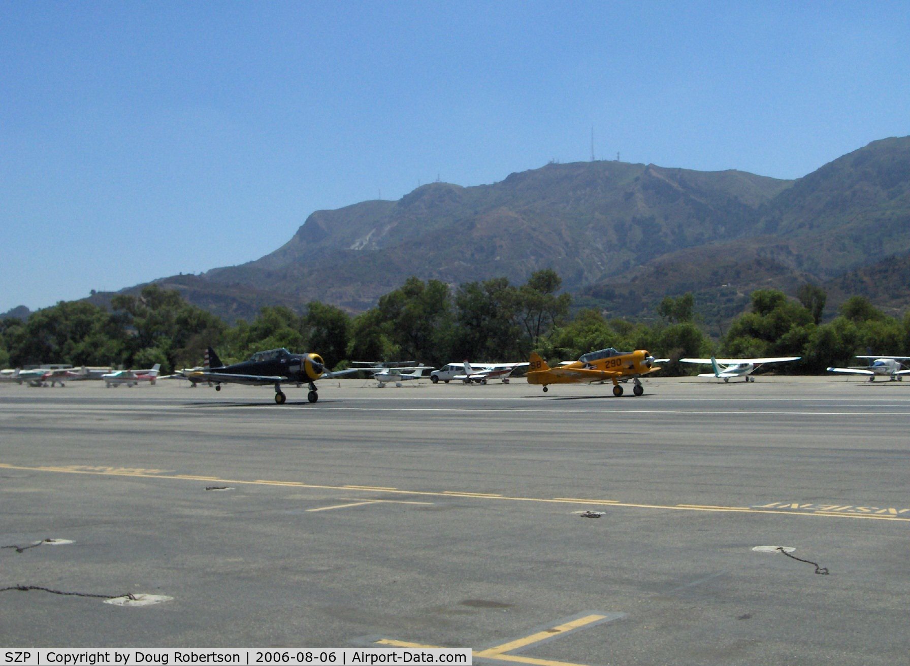 Santa Paula Airport (SZP) - Tandem takeoff N8540P AT-6D & N89014 SNJ-5, on 60' wide Runway 22