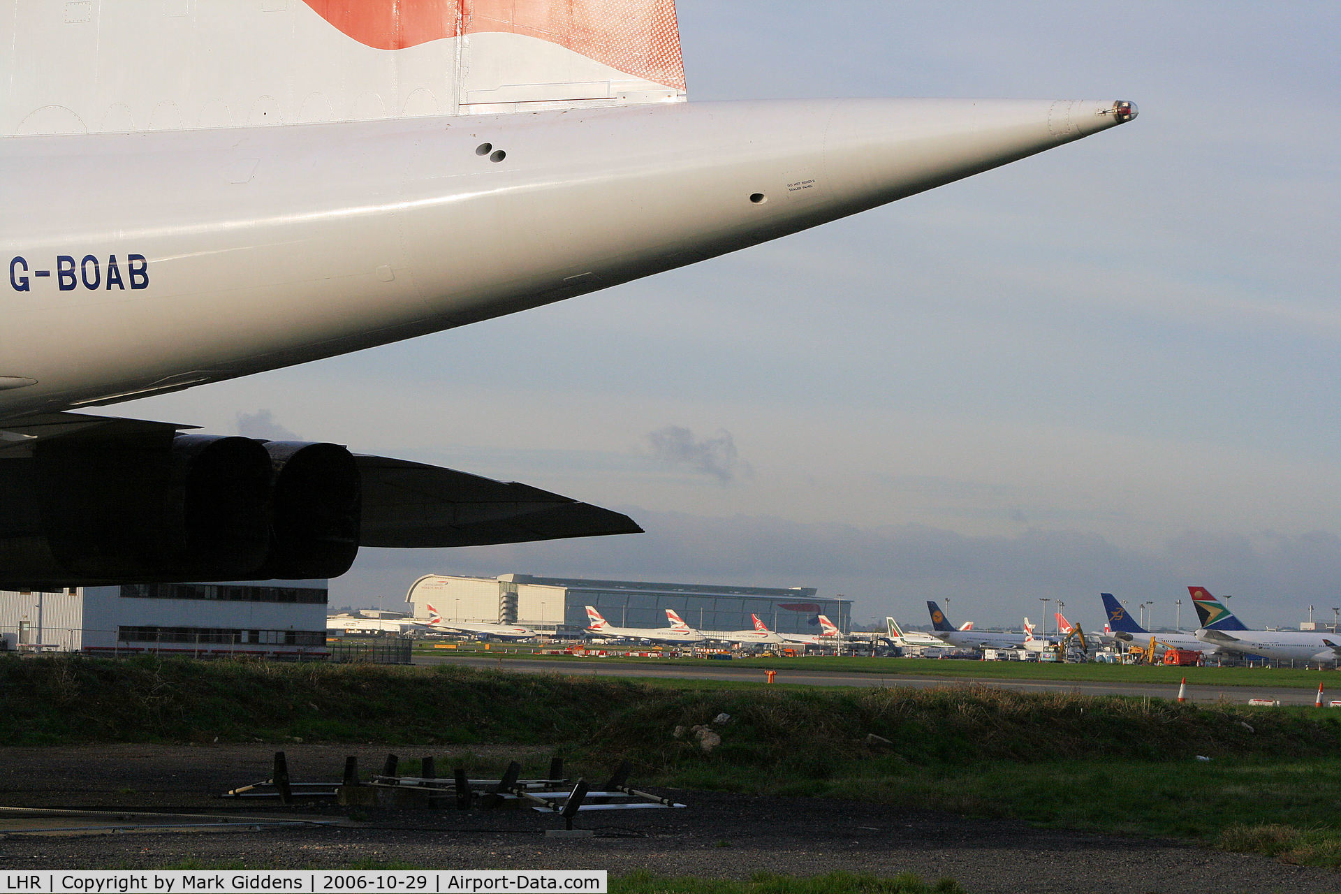London Heathrow Airport, London, England United Kingdom (LHR) - BA World Cargo Centre seen under Concorde G-BOAB