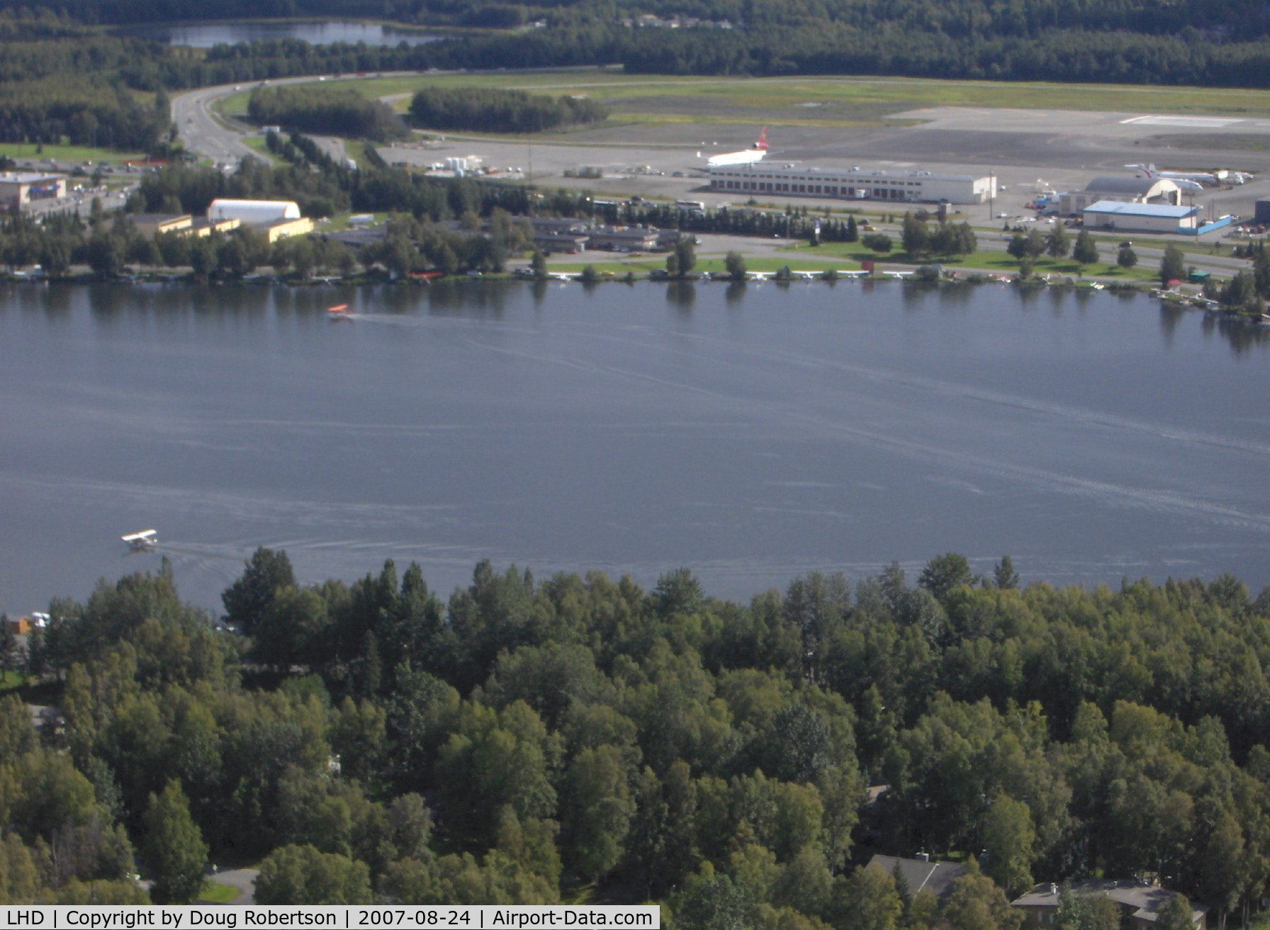 Lake Hood Seaplane Base (LHD) - Lake Hood SPB, Anchorage Int'l Airport ANC in background-taken from DHC-2 Beaver float plane N4444Z enroute to LHD