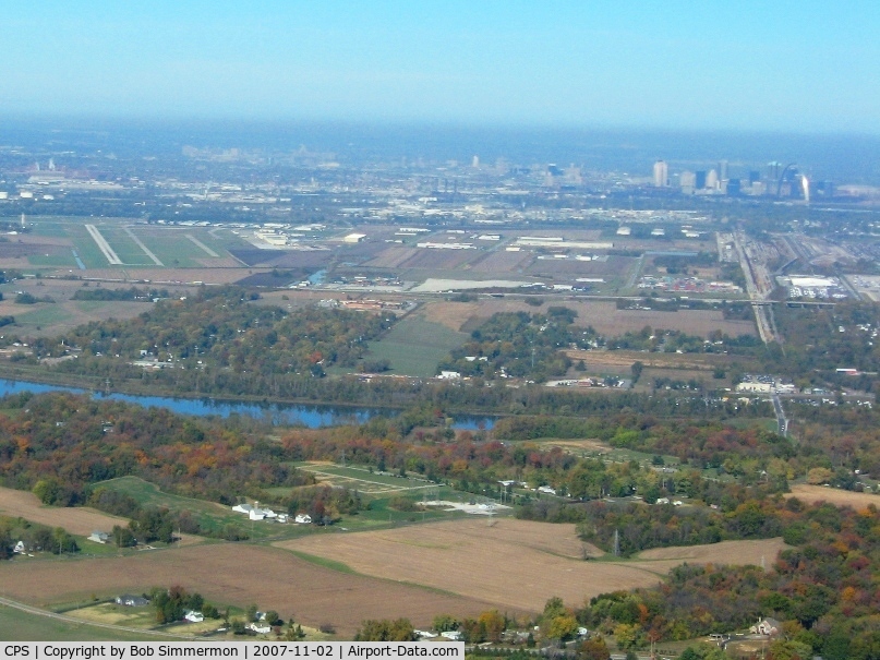St Louis Downtown Airport (CPS) - Looking NW from 2500' with the Gateway Arch and downtown St. Louis to the far right.